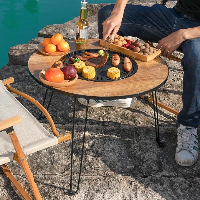 🌟 Mesa Redonda Plegable con Parrilla de Carbón – ¡La Comodidad y el Sabor en un Solo Producto!