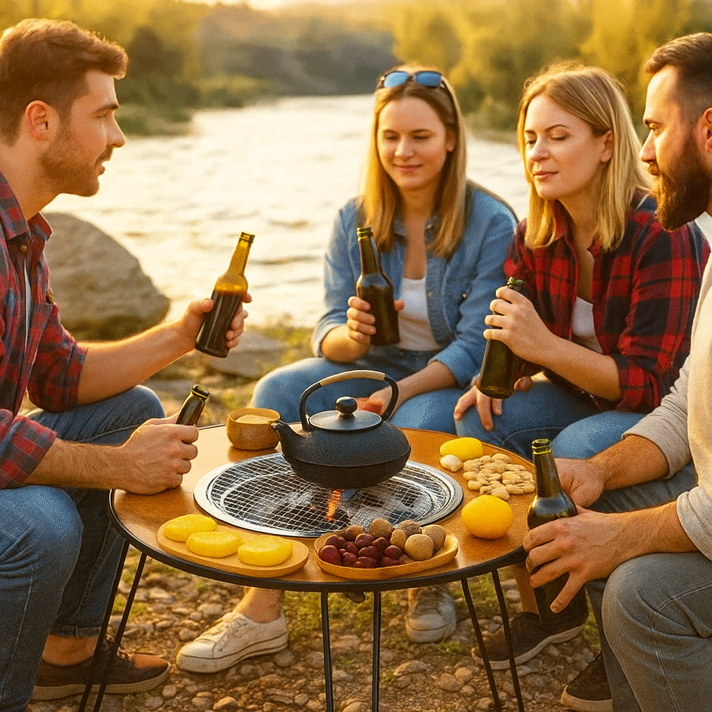 🌟 Mesa Redonda Plegable con Parrilla de Carbón – ¡La Comodidad y el Sabor en un Solo Producto!